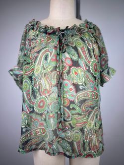 Ann Taylor LOFT Petites Paisley Print Ruffle Neck Sheer Blouse XSP
