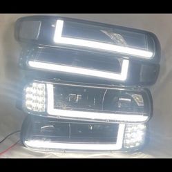 99-02 Chevy Chevrolet Silverado / 00-06 Tahoe / Suburban Black Housing And Smoke 4PCs LED L-style Headlights Headlamps Calaveras De Enfrente Farros 