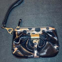 Women’s Betsey Johnson Gold With Black Polka Dots and Bow Detail Wallet / Wristlet Bag