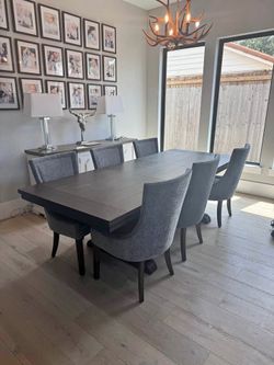 Dark Wood Dining Table with 6 Gray Chairs