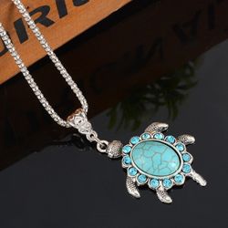 Boho Turquoise Rhinestone Turtle Necklace