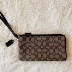 ✨NEW! Coach Double Zip Wallet In Signature Jacquard Khaki Brown Multi Signature Double Zip Wallet Wristlet - 55152 ✨