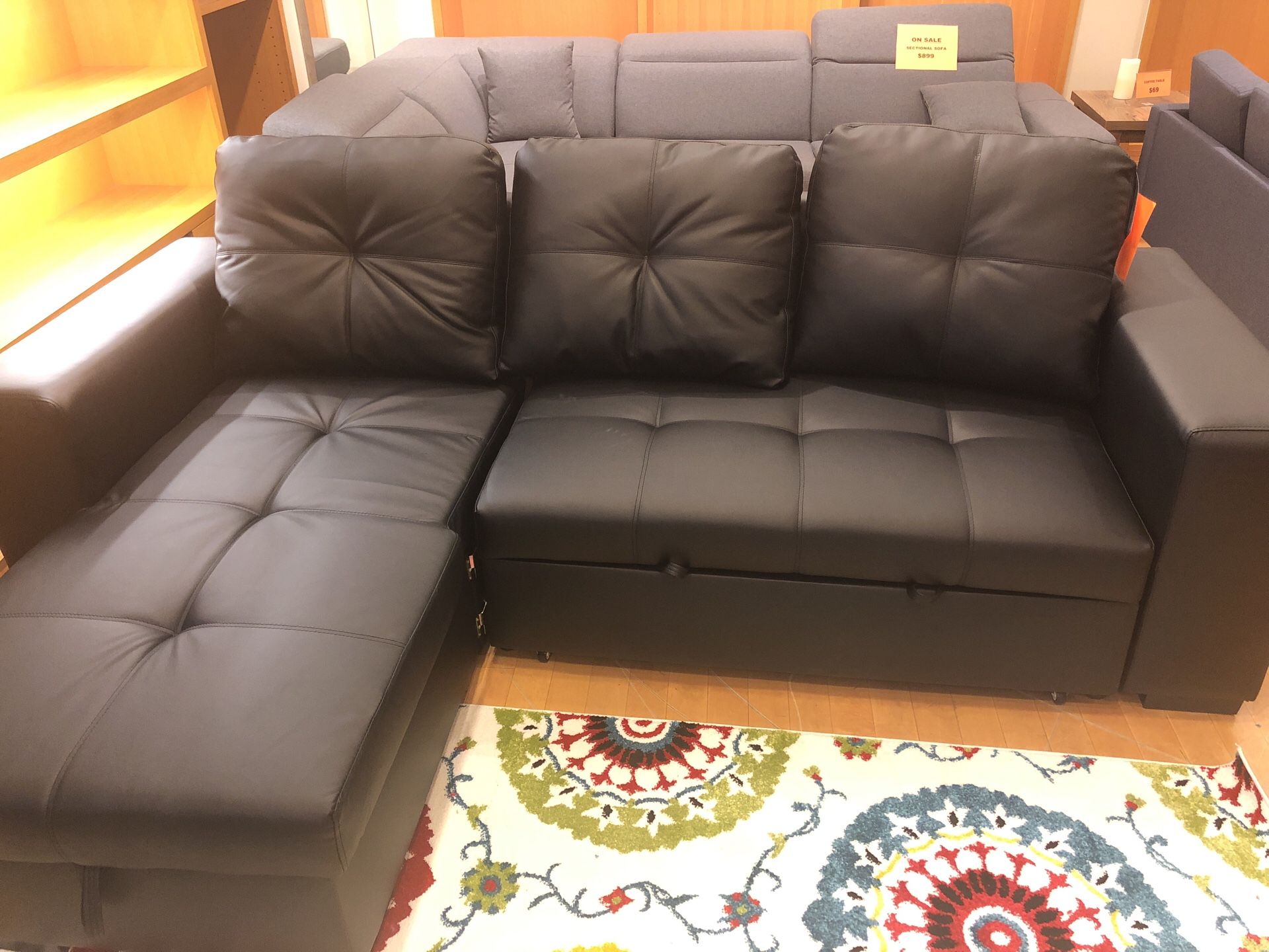 Black Bonded Leather Sectional Sofa with Storage