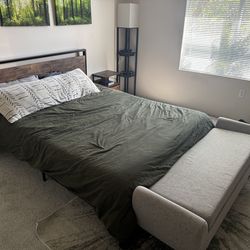 Modern Bed Frame + 2 Matching Nightstands – Wood & Metal – Clean Set (Moving Sale)