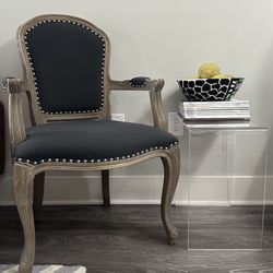 Armchair Finished with Silver Nailheads, Slate Blue Fabric & Gray Wood Base