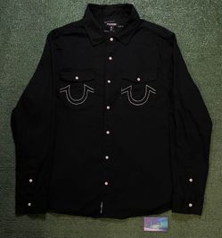 True Religion black and white embroidered button up