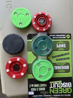 Green Biscuit Hockey Training Pucks – Lot of 6 (New + Used)