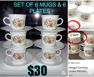 $30 SET OF VINTAGE 1970s CORELLE BY CORNING 6 PLATES AND 6 MUGS IN MINT CONDITION