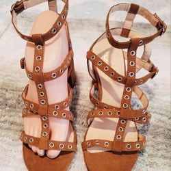 Sugar Brown Strappy Grommet Block Heel Buckle Textile Women's Sandals US 7