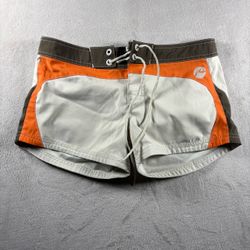 Y2K Rusty Women’s 5 Beige Board Shorts Swim Bottoms Black Embroidered Logo #2A