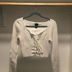 Rue21 White Distressed Lace-Up Crop Top Sweater