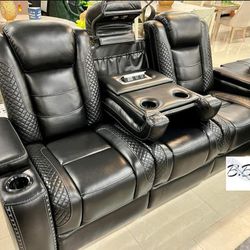 Brand New Game Home 💥 Theatre Couch| Black Leather Padded Power Reclining Sofa W USB Port, Adjustable Headrest, Cup Holders, LED Lights| White Option