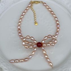 B51-Handmade Peach Pink Baby Pearl Red Agate Bow S925 Sterling Silver Bracelet