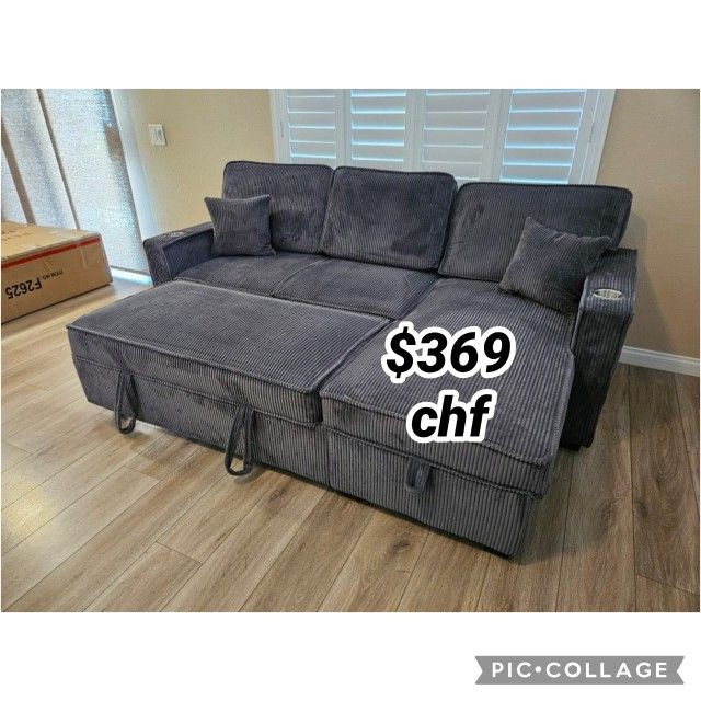 Black Friday Dark Gray Corduroy Sectional Sleeper Sofa With Pull Out Bed 