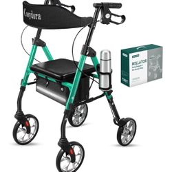 Rollator Walkers for Seniors with Seat, 15 Lbs Ultra Lightweight Foldable Rolling Walker, 350Lbs Heavy Duty Aluminum,ll Terrain Wheels=B15-529