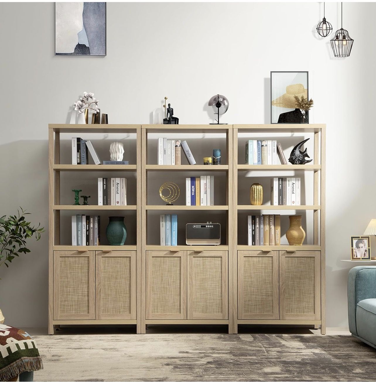 Bookshelf 5 Tier Book Shelf Rattan Boho 71" Tall Bookcase with Doors Storage Shelves Large Bookshelv