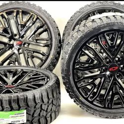 22" BLACK RST TRAILBOSS CHEVY Z71 GMC CADILLAC WHEELS & TIRES 33x12.50x22 MT LTZ