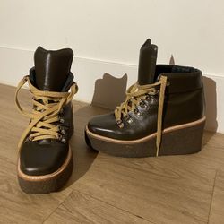 Jeffrey Campbell Free People Olive Green Leather Platform Hiking Boots Womens Size 8