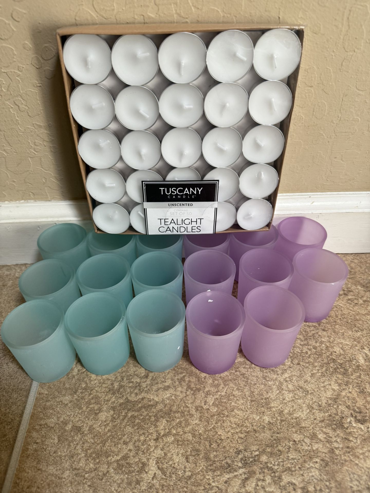 Brand New Set of 17 Candle Holders with Tea light Candles. First come first serve. Check out my other listings. Thanks