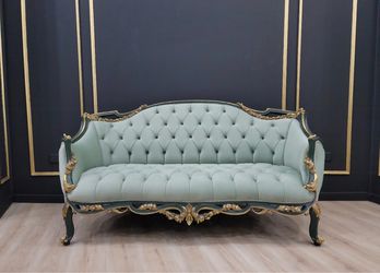 Beautiful ornate tufted vintage style settee sofa in blue