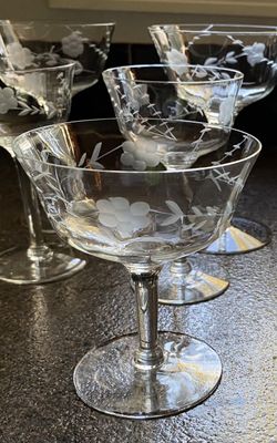 Matching Set of 16 Antique Etched Glasses