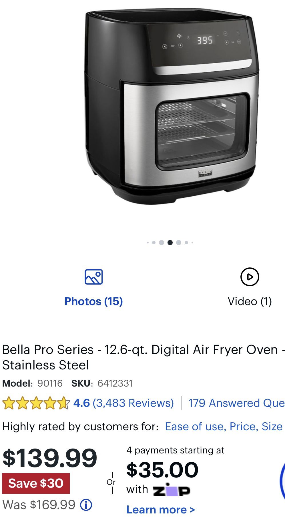 Bella Pro Series 12.6-qt. Digital Air Fryer Oven $49.99 (Reg. $170