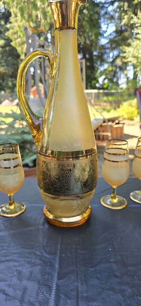 Vntage Czech Bohemian Crystal Cordial Decanture Set w/ 6 glasses