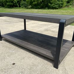 Coffee Table with Storage Shelf, Rustic Wood and Metal Cocktail Table for Living Room, Grey