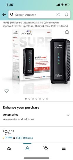 ARRIS SURFboard (16x4) DOCSIS 3.0 Cable Modem, approved for Cox, Spectrum, Xfinity & more (SB6183 Black)