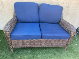 Hampton Bay Wicker Patio Loveseat with Blue Cushions - Local Delivery for a Fee - See My Items😎