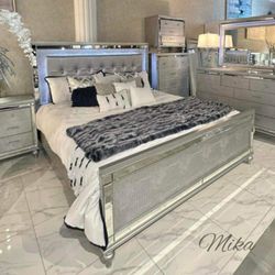 New Queen Size 4-Piece LED Bedroom Set With Dresser Mirror Nightstand Without Mattress And Free Delivery