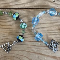 (2) Geometric Swirl Art Glass Bead Bracelets Heart Arrow Toggle Clasp 7.5" 8"