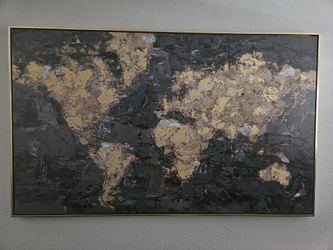 Large Framed Gold & Black World Map Wall Art
