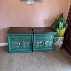 Title: Thomasville Teal Chinoiserie Nightstands – Pair