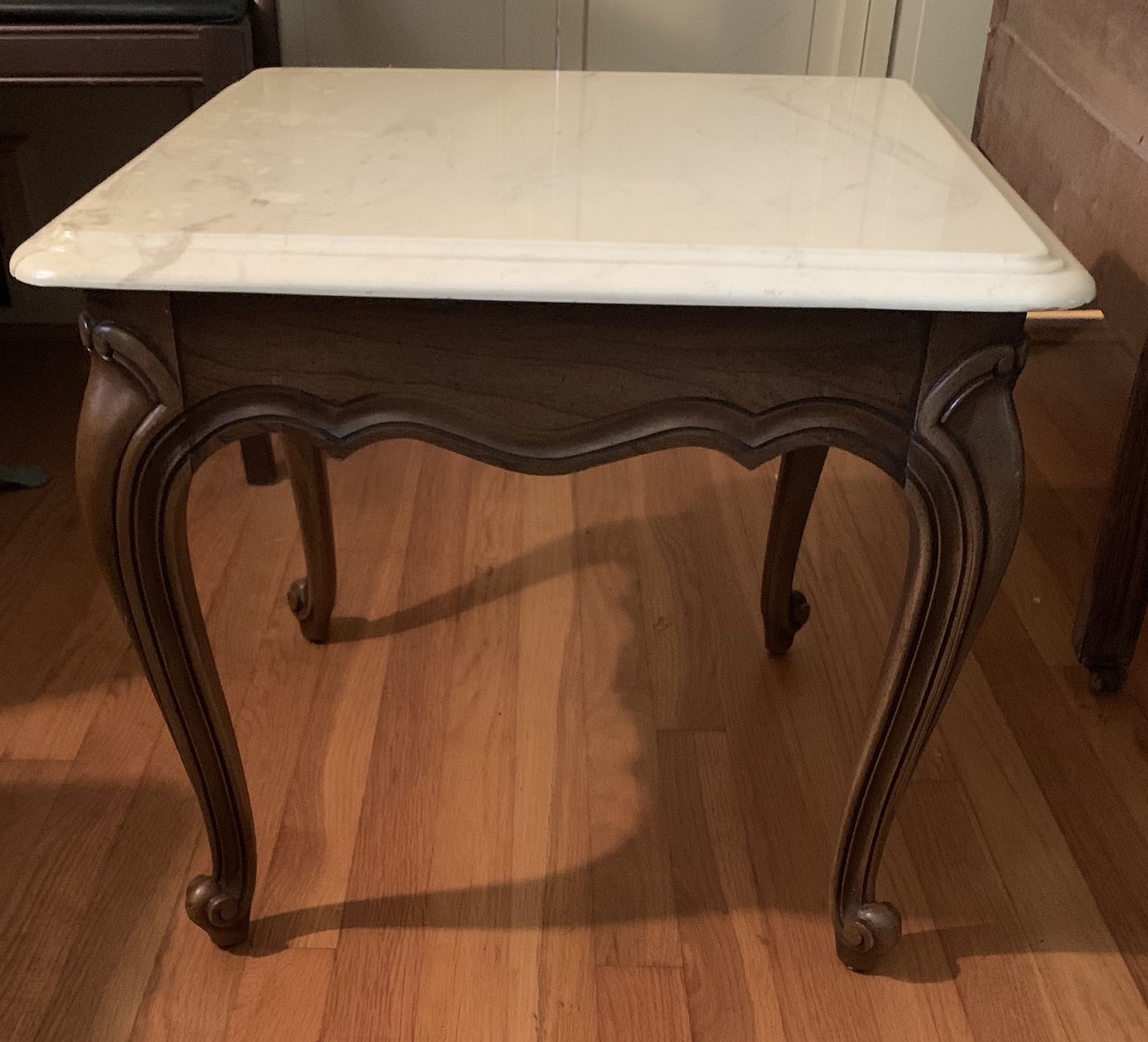 Vintage Queen Anne Square Marble Top Wooden Clawfoot Side Table, Lamp Stand