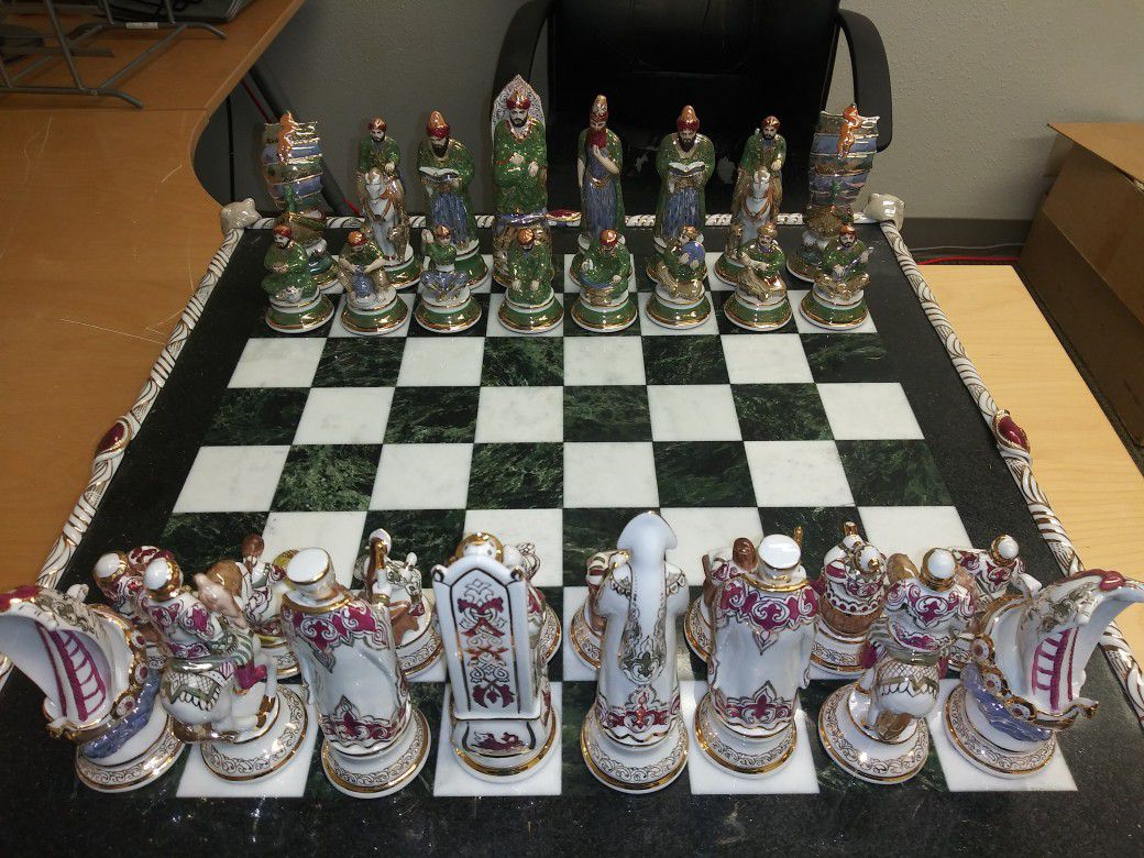 Russian Chess Set, Marble and Porcelain