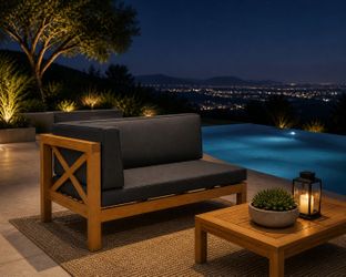 58” Outdoor Patio Acacia Wood Chaise Sofa Lounge Chair By Noble House w/ Gray Cushions [NEW IN BOX] **Retails for $567