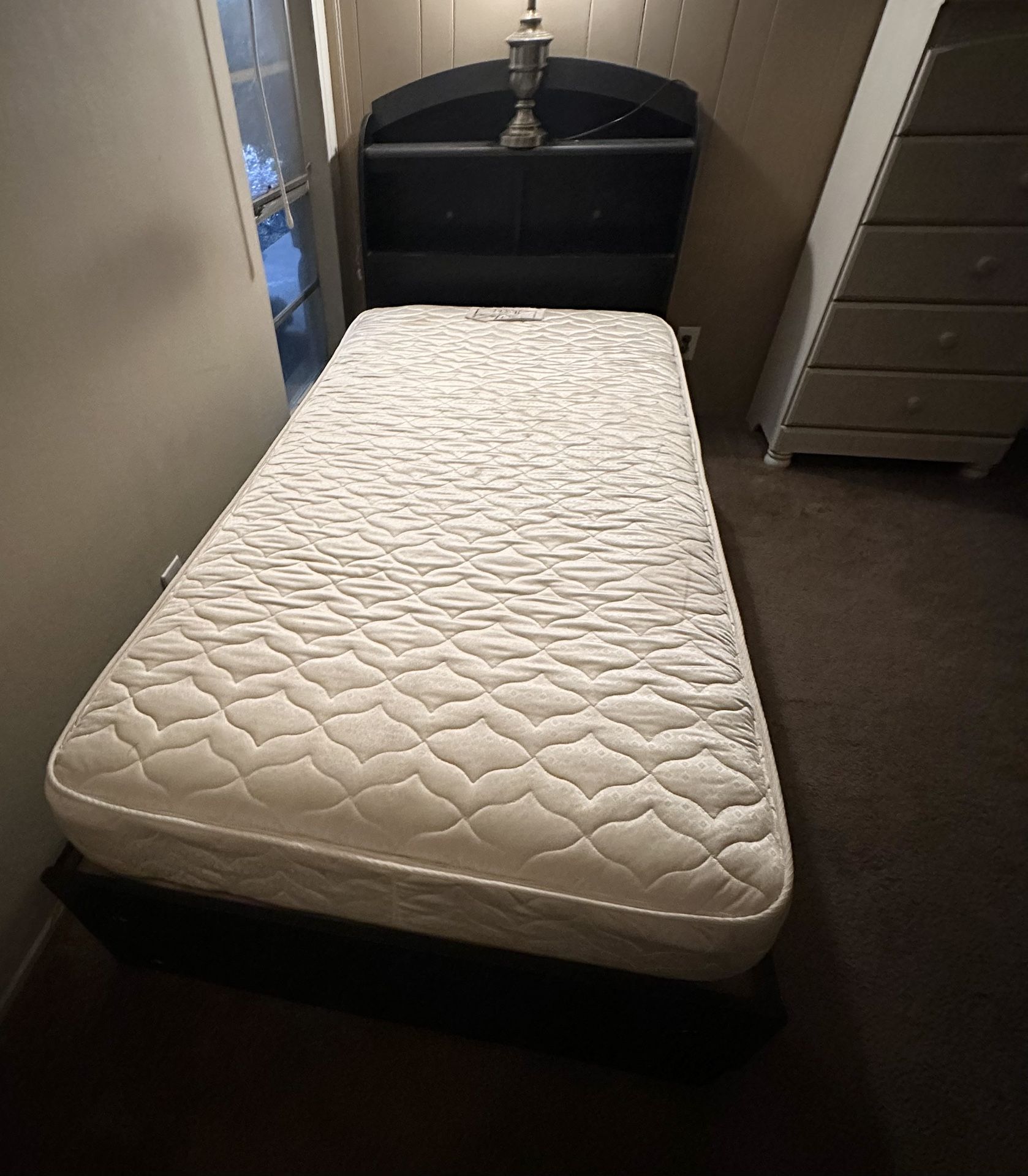 Twin Bed Frame w/Drawers, Headboard w/Shelves & Mattress