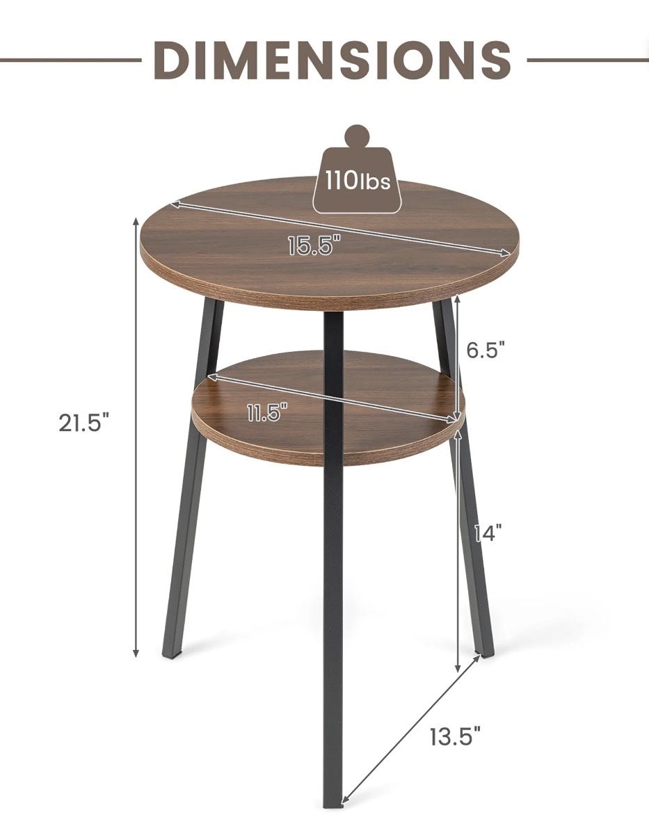 Costway 1PCS 2-Tier Bedside End Table Round Nightstand for Bedroom Living Room Walnut