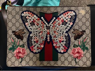 Authentic Gucci GG Supreme Web Butterfly Clutch – Embroidered Button Detail