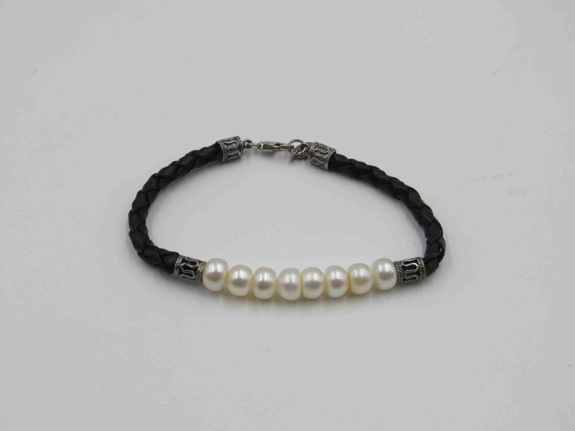 8" Sterling Silver Leather Genuine Pearl Bracelet Vintage Wedding Engagement Anniversary Gift Idea Beautiful Elegant Everyday Special
