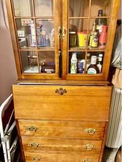secretary desk with glass hutch and drawers