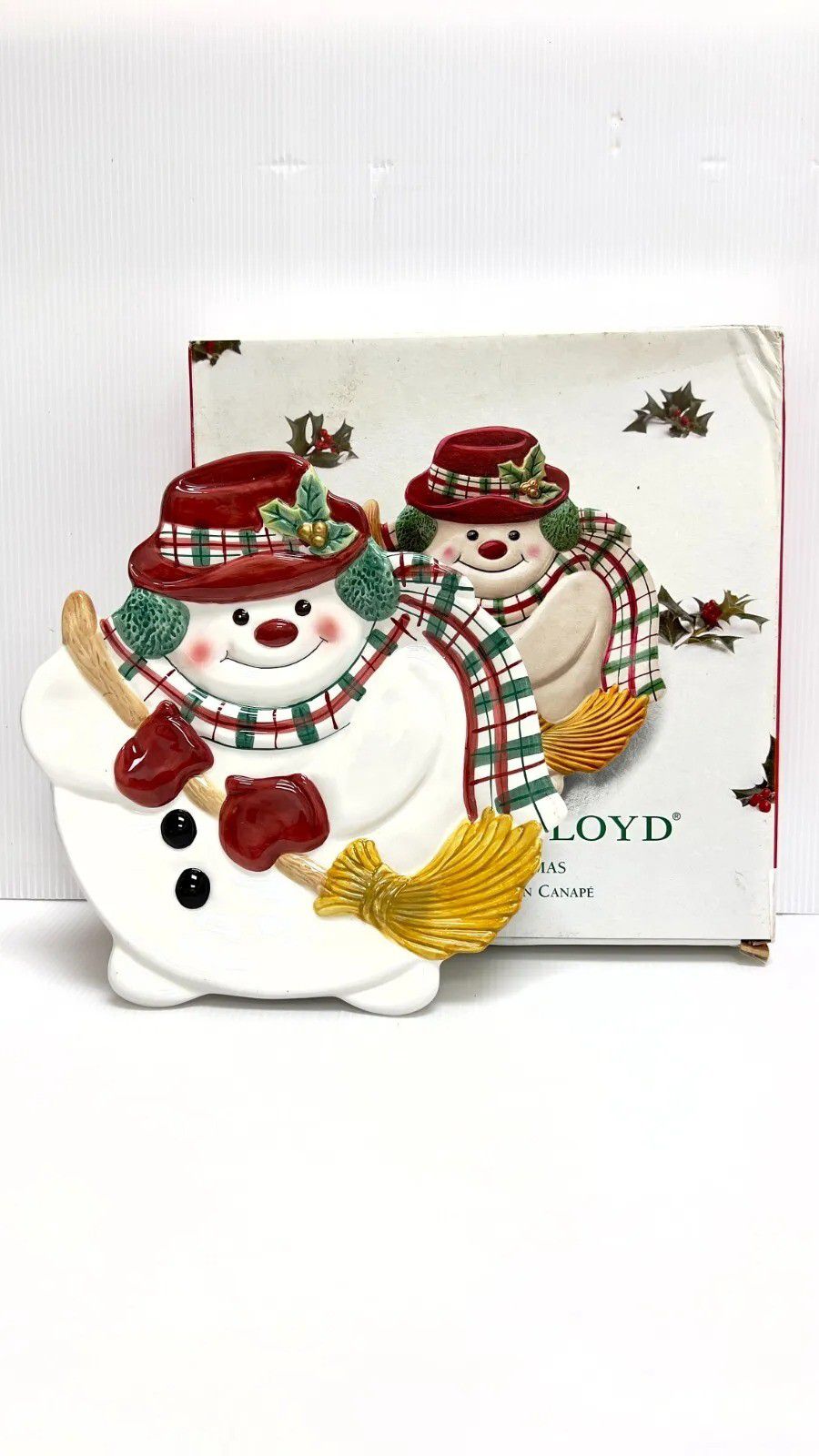 Fitz and Floyd Plaid Christmas Snowman Canape Tray Dish Plate, With Box, 10"x8"