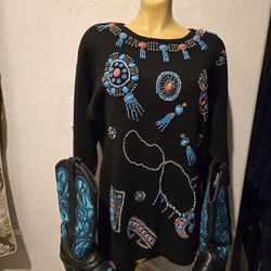 Unique  Sweater!! Faux Turqoise & Coral Make Up Faux Jewelry On This Sweater & Boots Xtra