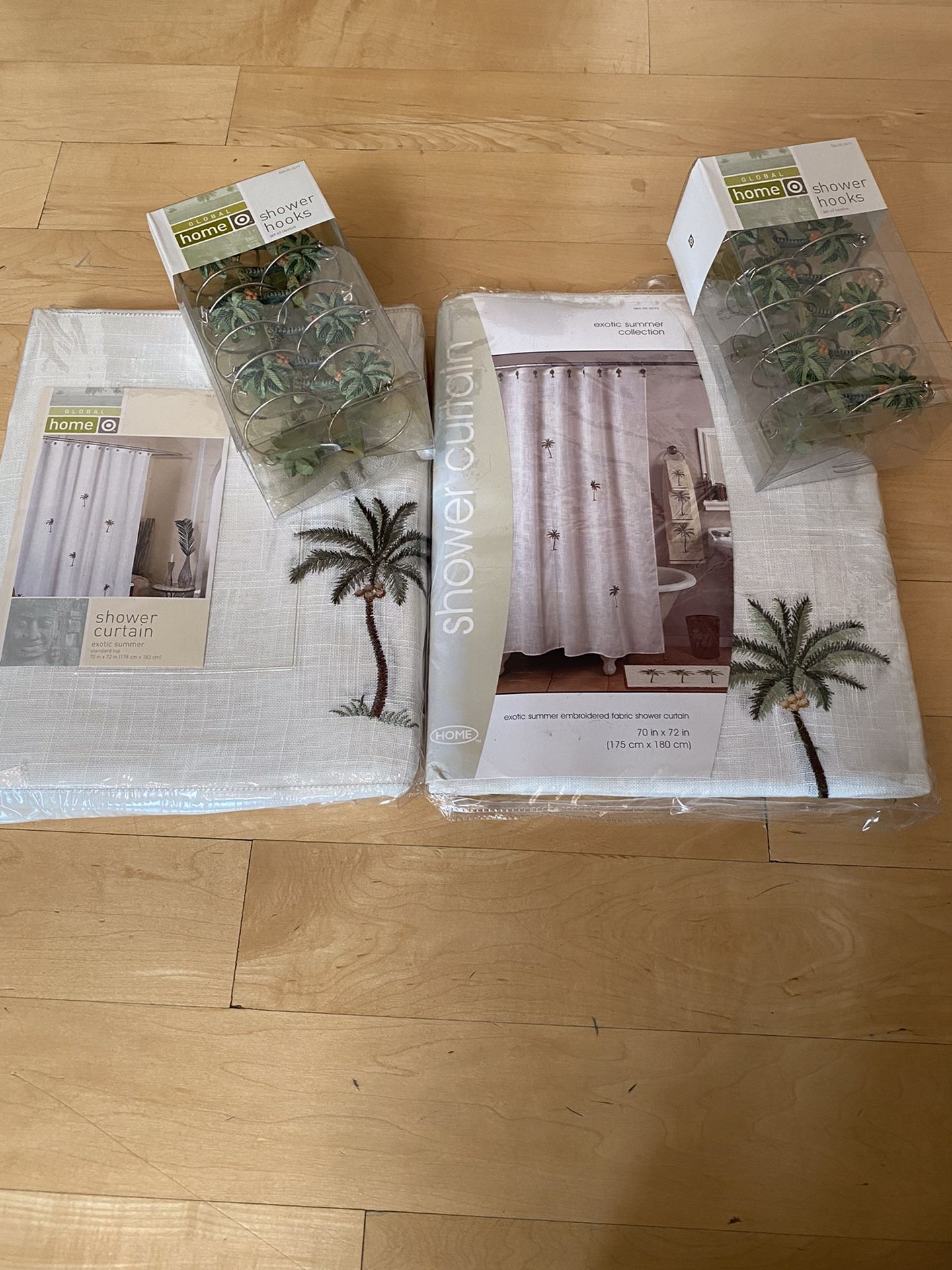 2 Sets Of Embroidered Palm Tree / Tropical Shower Curtains w/ Palm Tree Decorative Shower Curtain Hooks (Lot 4 Of 12 Palm Tree Items Listed)