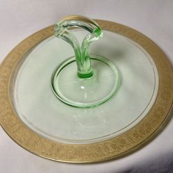 Vintage Tiffin Uranium Glass 10" Sandwich Plate - Gold Encrusted