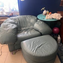 Leather Chair & Rolling Foot Stool