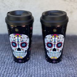 Dia De Los Muertos Sugar Skull Travel Tumblers With Lid.