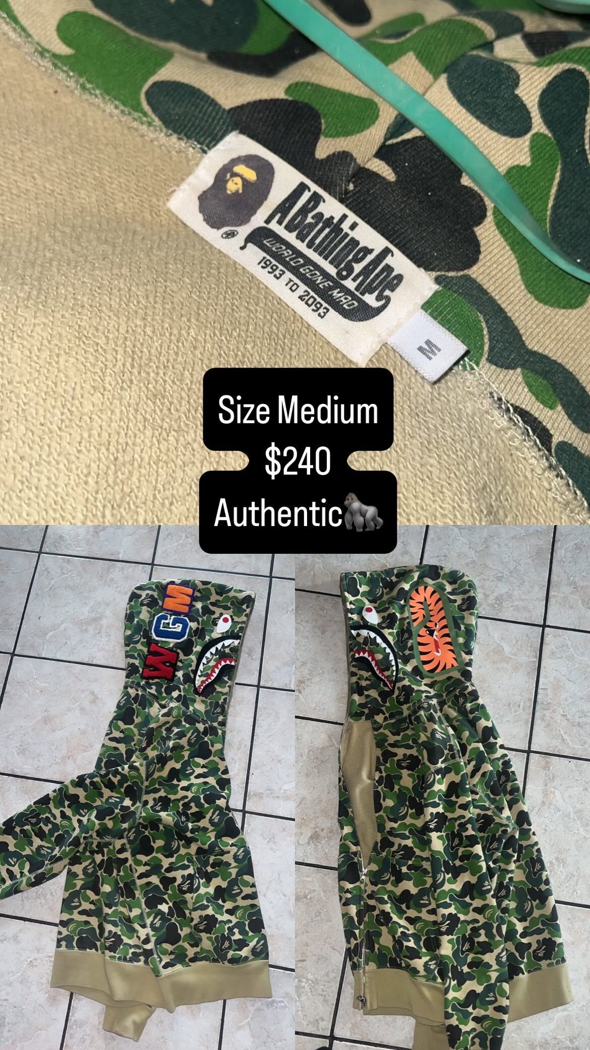 Bape ABC Camo Shark Full Zip Hoodie Size Medium
