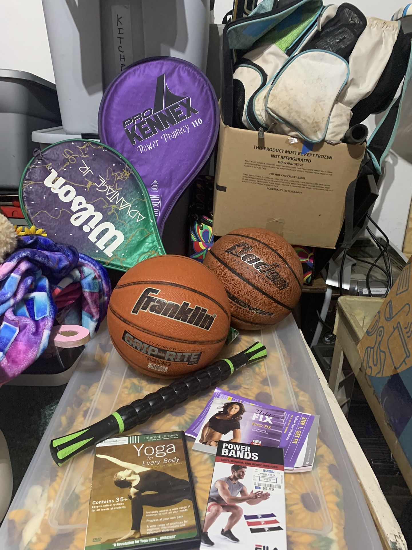 Sporting Goods - Basketballs, Tennis Rackets. Stretch Bands